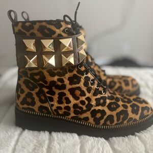 Michael Kors Haskell Studded Leopard Calf Hair Combat Boot  Leopard